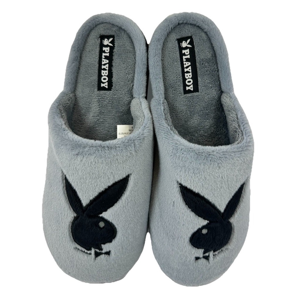 Playboy Bunny Memory Foam Slippers Gray Black Indoor Outdoor Men Size XL 13-14